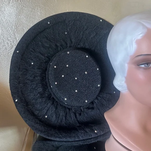 GLITZY 1950\'s BLACK FABRIC/LACE  WIDE BRIM HAT + RHINESTONES Sparkly Rhinestone-Cowboy Hat for Women - Black-Glitter  main image 4